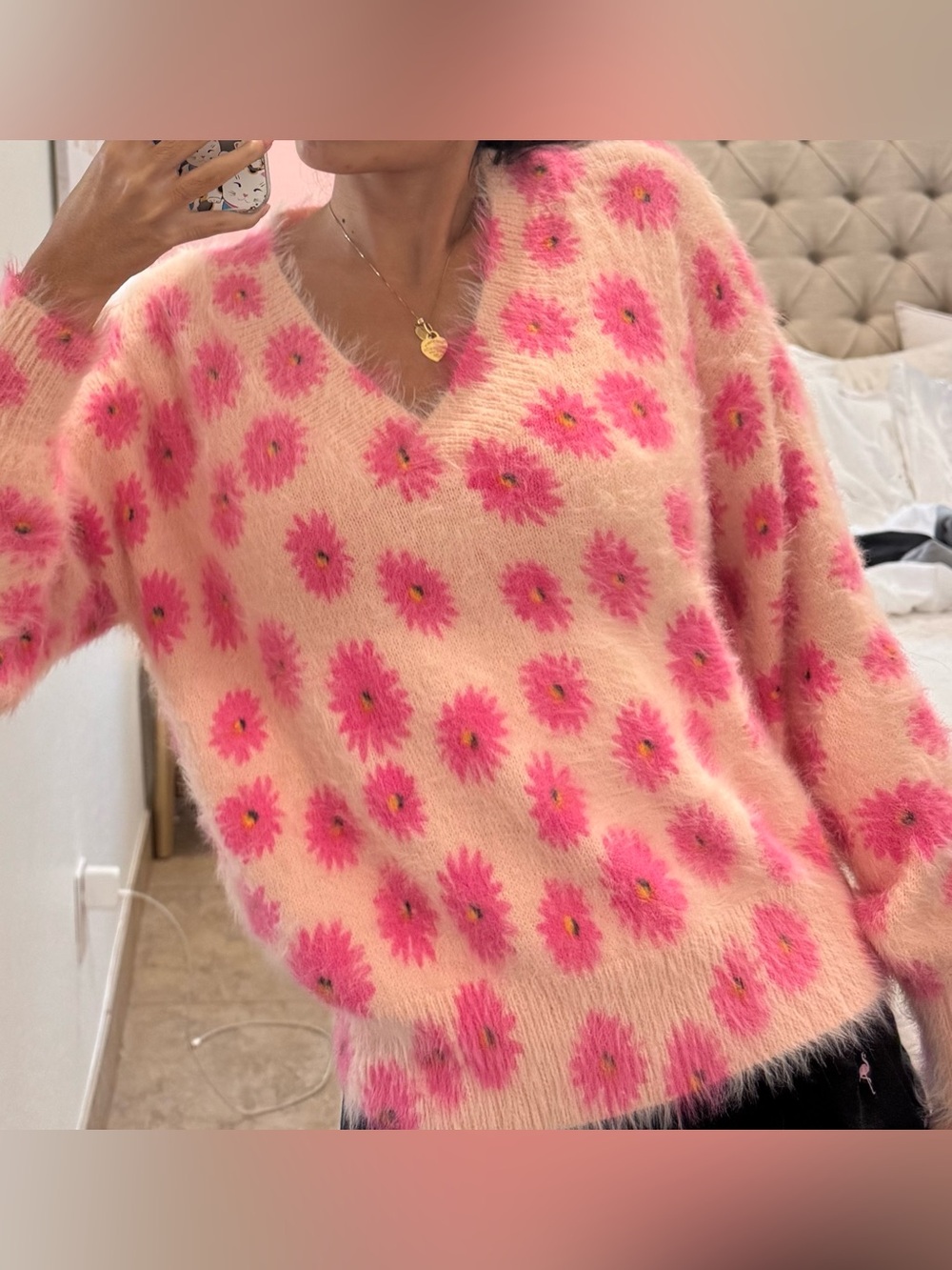 Urban Outfitters Pink Floral Eyelash Knit Off-Shoulder Sweater